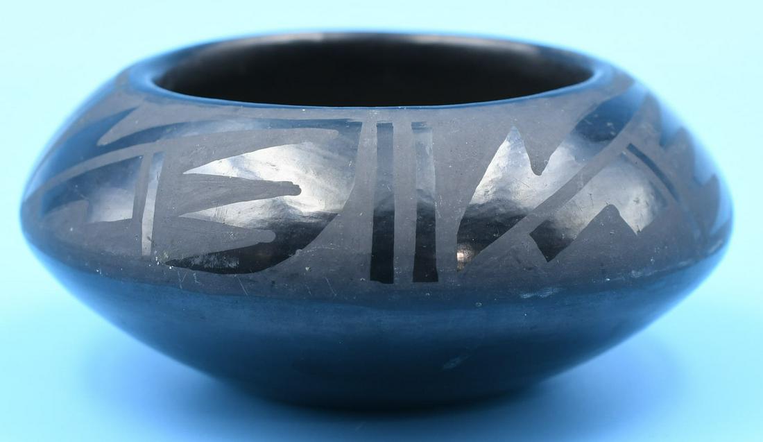 San Ildefonso pottery, Bowl, Black on Black, Lupita Martinez: 2-3/8 inches tall with 5 inch diameter. Hand coiled