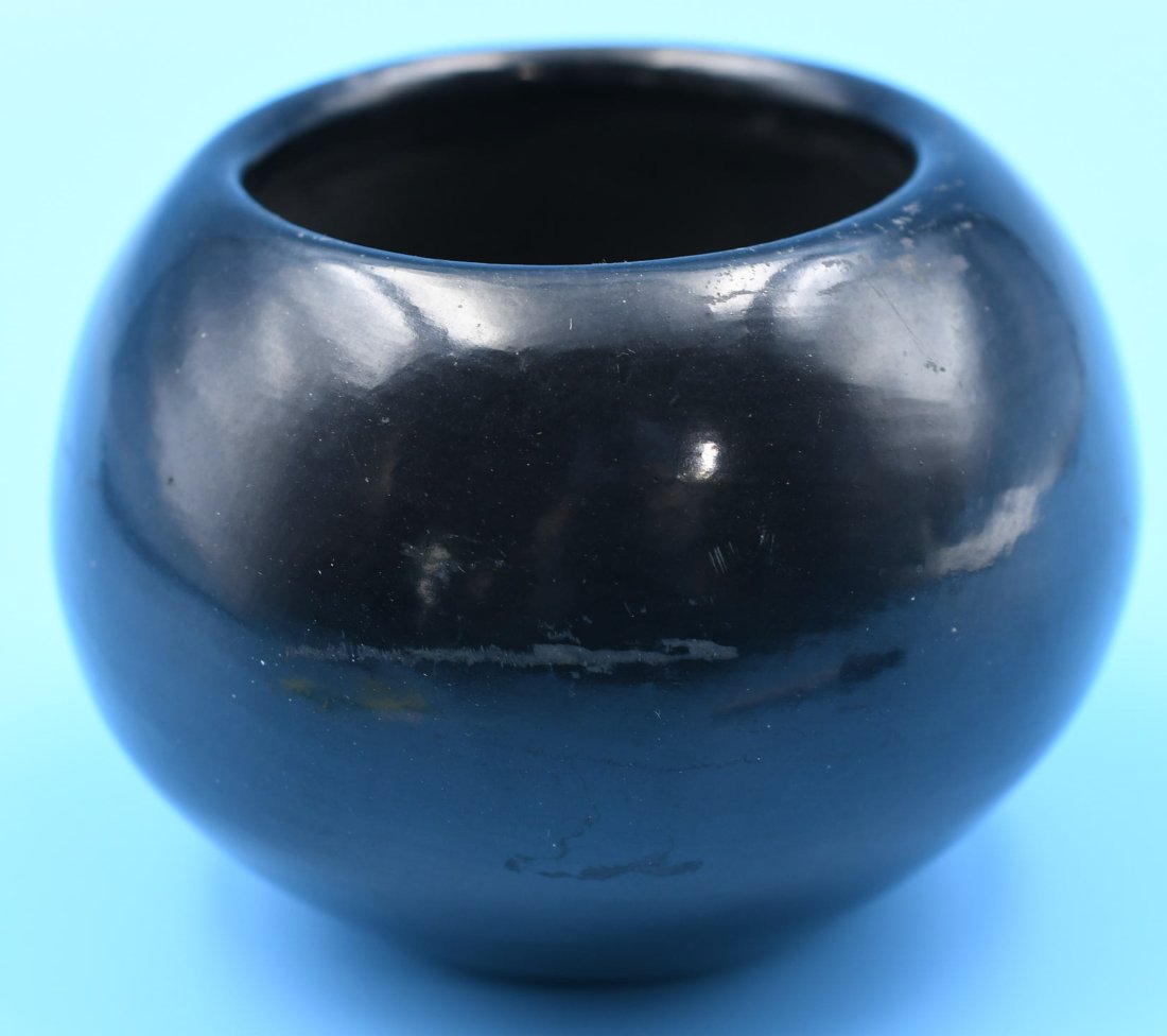 San Ildefonso pottery, Black Polished Jar, Margaret Lou Gutierrez (Roybal): 3 inches tall with 4 inch diameter. (Daughter of Tonita and Juan Roybal.). Hand coiled