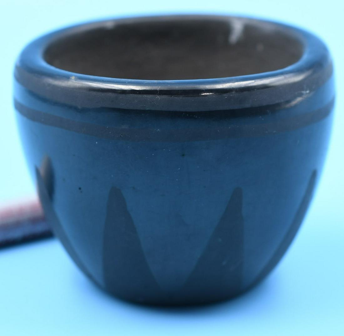 San Ildefonso pottery, Black on Black, Bowl, Juanita: 2-3/8 inches tall with 3 inch diameter. Hand coiled
