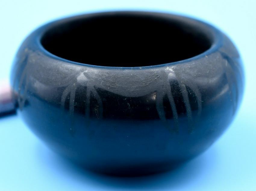 San Ildefonso pottery, Black on Black, Bowl, Unknown Artist: 1-1/2 inches tall with 2-3/4 inch diameter. Hand coiled