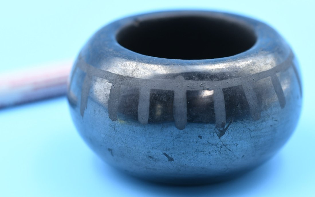 San Ildefonso pottery, Small Bowl, Black on Black, Juanita Wopeen Gonzalez: 1-1/2 inches tall with 2-5/8 inch diameter. Hand coiled