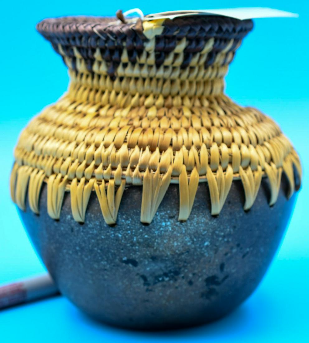 Basket Pottery Jar, Rowena Mora: 5-3/4 inches tall with 5-1/2 inch diameter. Hand coiled
