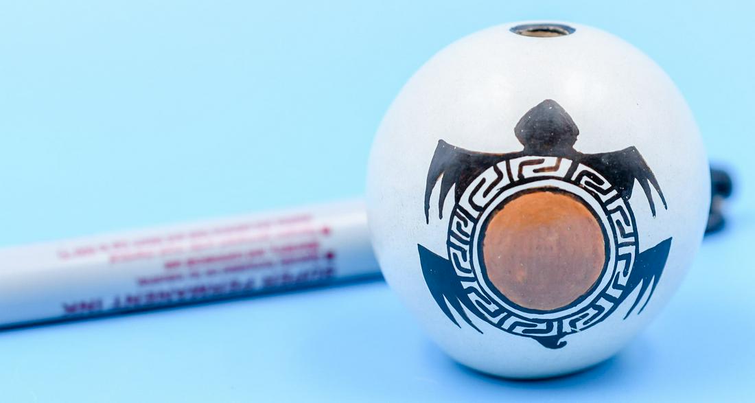 San Ildefonso pottery, Egg, Turtle on White, Popovi Da: 1-7/8 inches tall with 1-3/4 inch diameter. Hand coiled