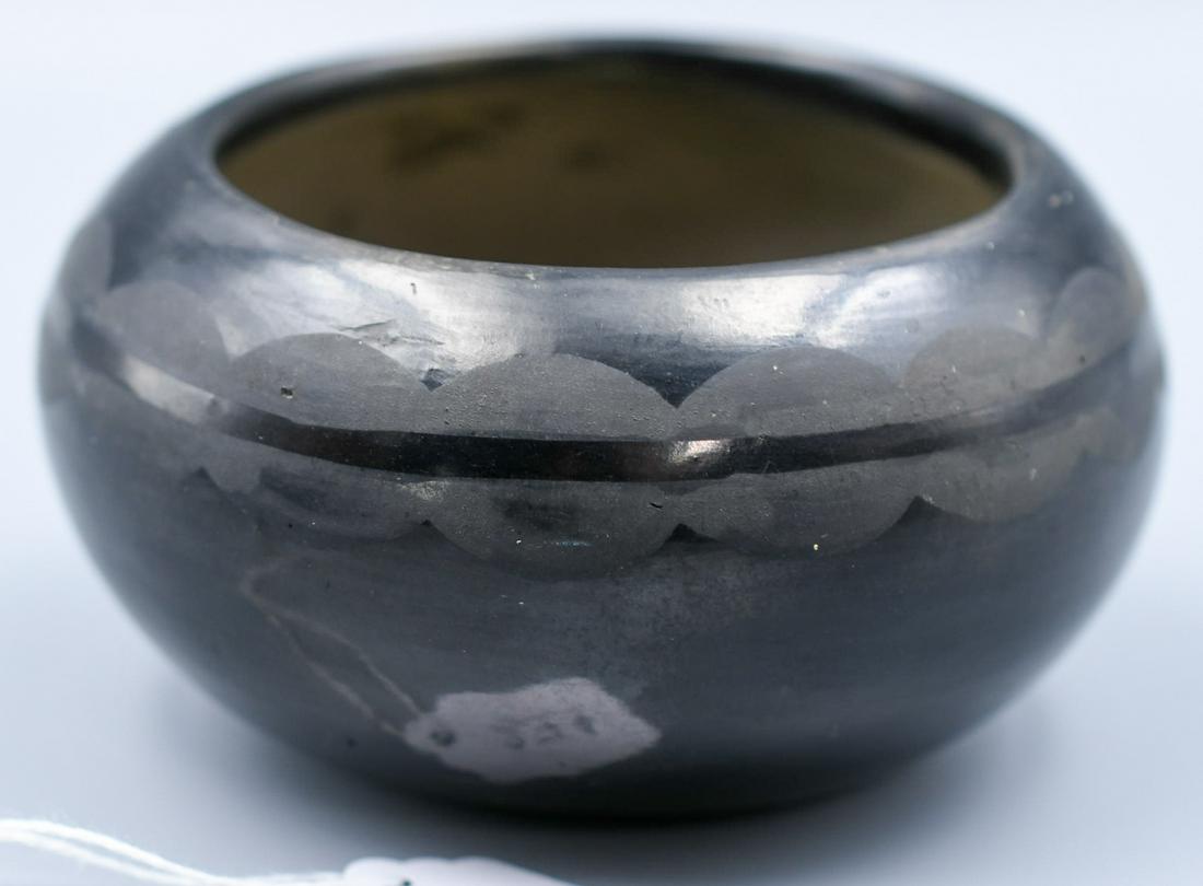 San Ildefonso pottery, Bowl, Black on Black, Anna (Maximiliana Montoya): 2-1/2 inches tall with 4-1/2 inch diameter. Hand coiled