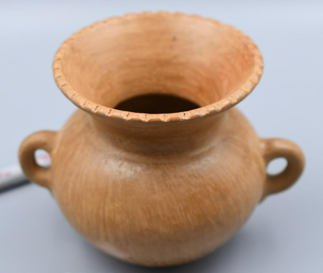 San Ildefonso pottery, Two-Handled Vase: 4-5/8 inches tall with 4-1/4 inch diameter, 5-7/8 inches with handles. Hand coiled