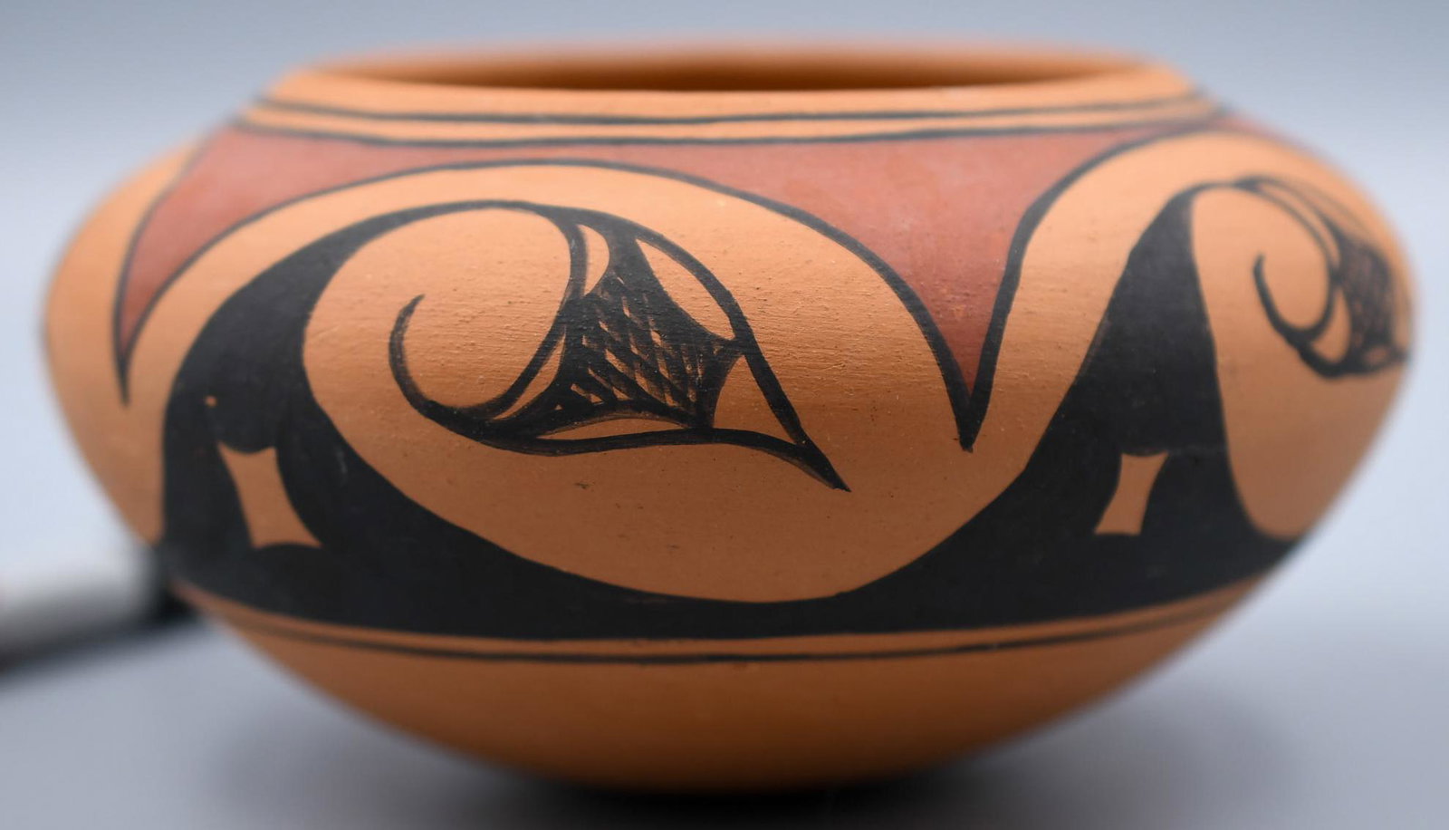 Red and Black on Red Clay Jar, Lucy F. Rodela "Tigua" 1982: 3 inches tall with 5-1/2 inch diameter. Hand coiled