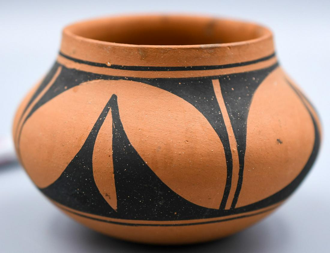 Tigua Bowl, Black on Red, Lucy F. Rodela 1979: 3 inches tall with 4 inch diameter. Hand coiled