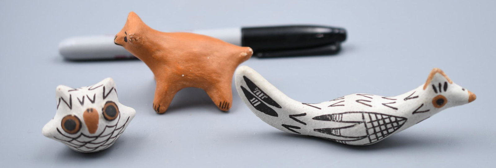 Acoma, (Three pieces) Roadrunner, Emma Lewis; Owl, Dolores Lewis; Dog, Lucy M. Lewis: Roadrunner: 4 inches by 1 inch by 1-1/2 inches. Owl: 1-3/4 inches by 1 inch by 1-1/4 inches. Dog: 2-3/8 inches by 1-3/8 inches by 1-1/2 inches.