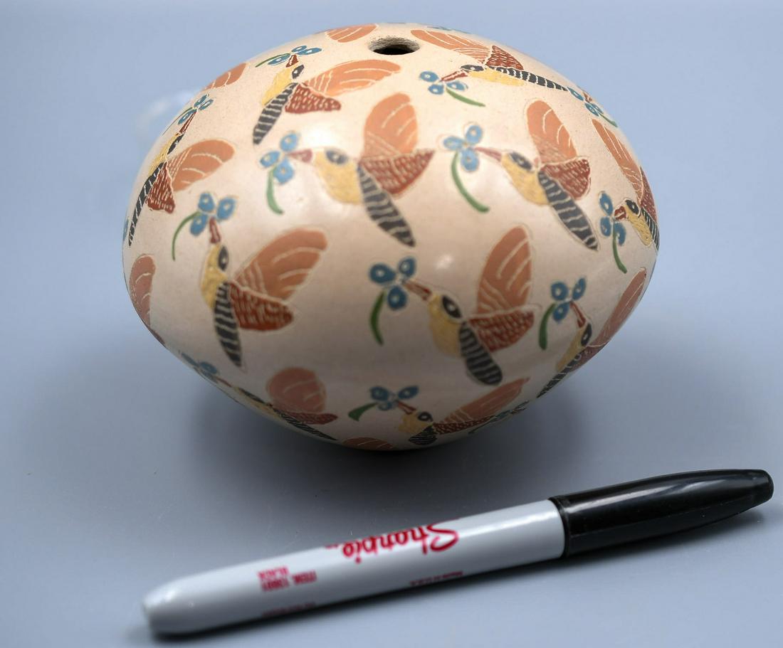 Detailed Multi-color and Sgraffito Hummingbird Seedpot, Celia L.: (Signature is in photo 8) but difficult to see. 3-3/4 inches tall with 4-1/2 inch diameter. Hand coiled