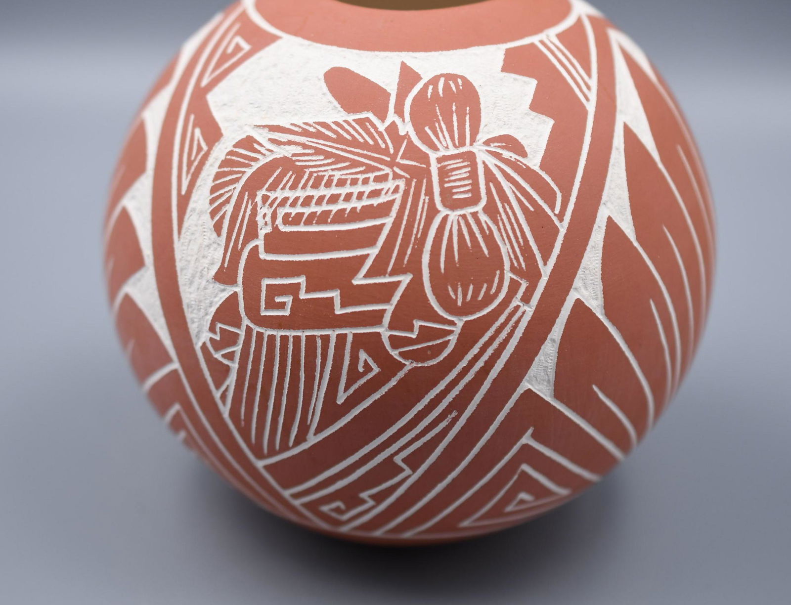 Acoma, Ball Jar, Sgraffito and Red on White Clay Body, A.C.: 5 inches tall with 5-1/4 inch diameter