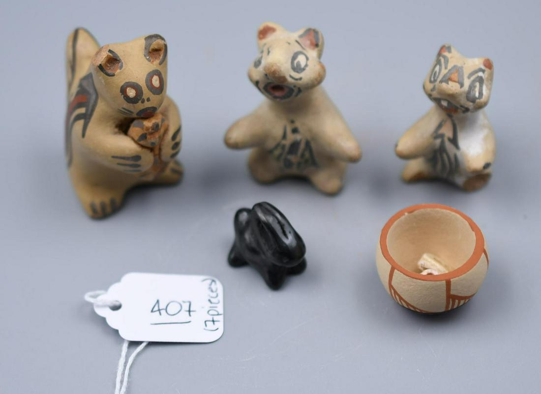 Santa Clara Pueblo: Pair of Polychrome Squirrels, Margaret and Luther Gutierrez (2 items); Solo: Squirrel 1: 1-3/4 inches tall by 1 inch by 1-3/8 inch. Squirrel 2: 1-3/4 inches tall by 1-1/2 inches by 3/4 inches. Squirrel 3: 2-1/4 inches tall by 1-3/4 inches wide by 1-1/4 inch deep. Black rabbit: