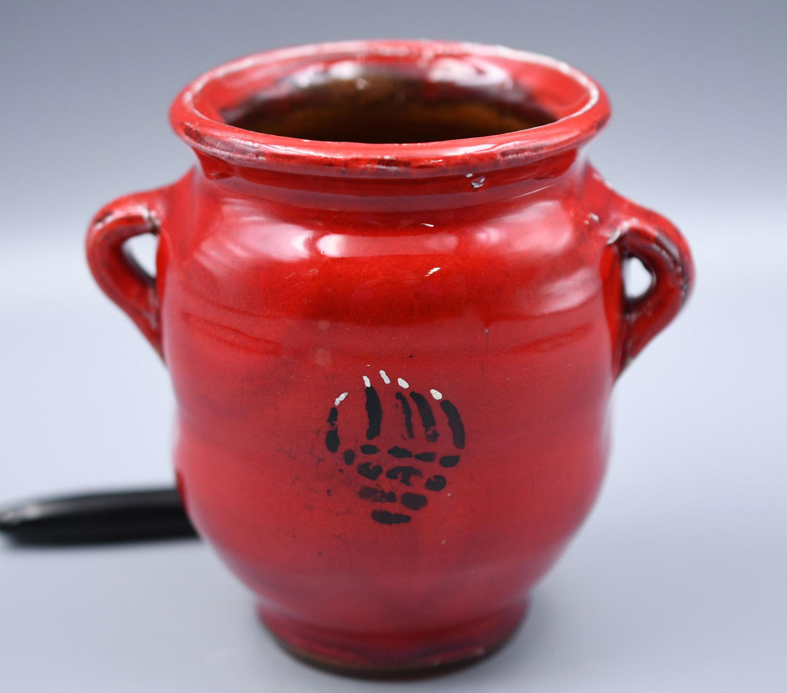 "Maricopa, 1935, SW Arizona" Red Glaze on Redware Urn, Bear Paw and Man (1 of 8)