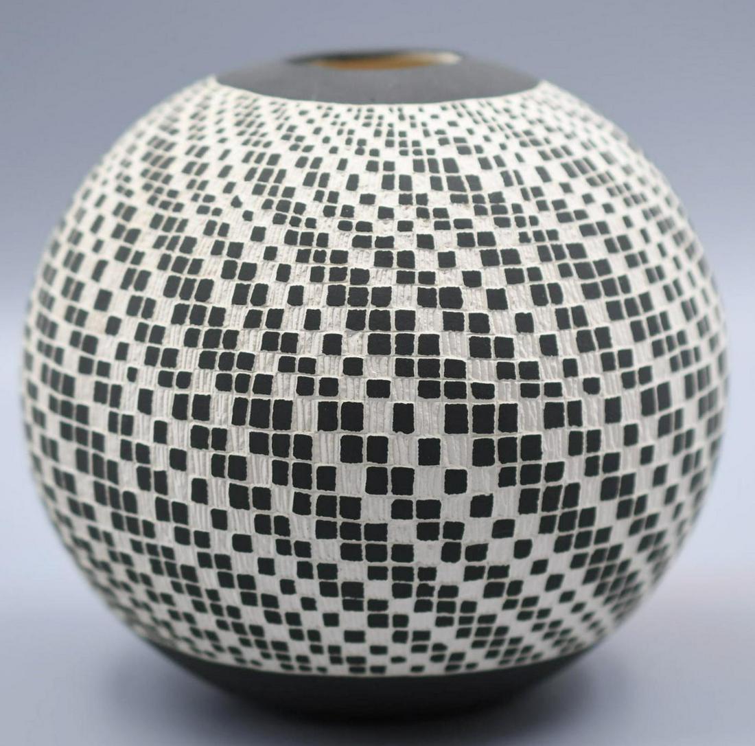 Acoma, Ball Seed Jar, Sgraffito and Black on White Clay Body, Shdiya'aits'a: 4-1/2 inches tall with 5 inch diameter