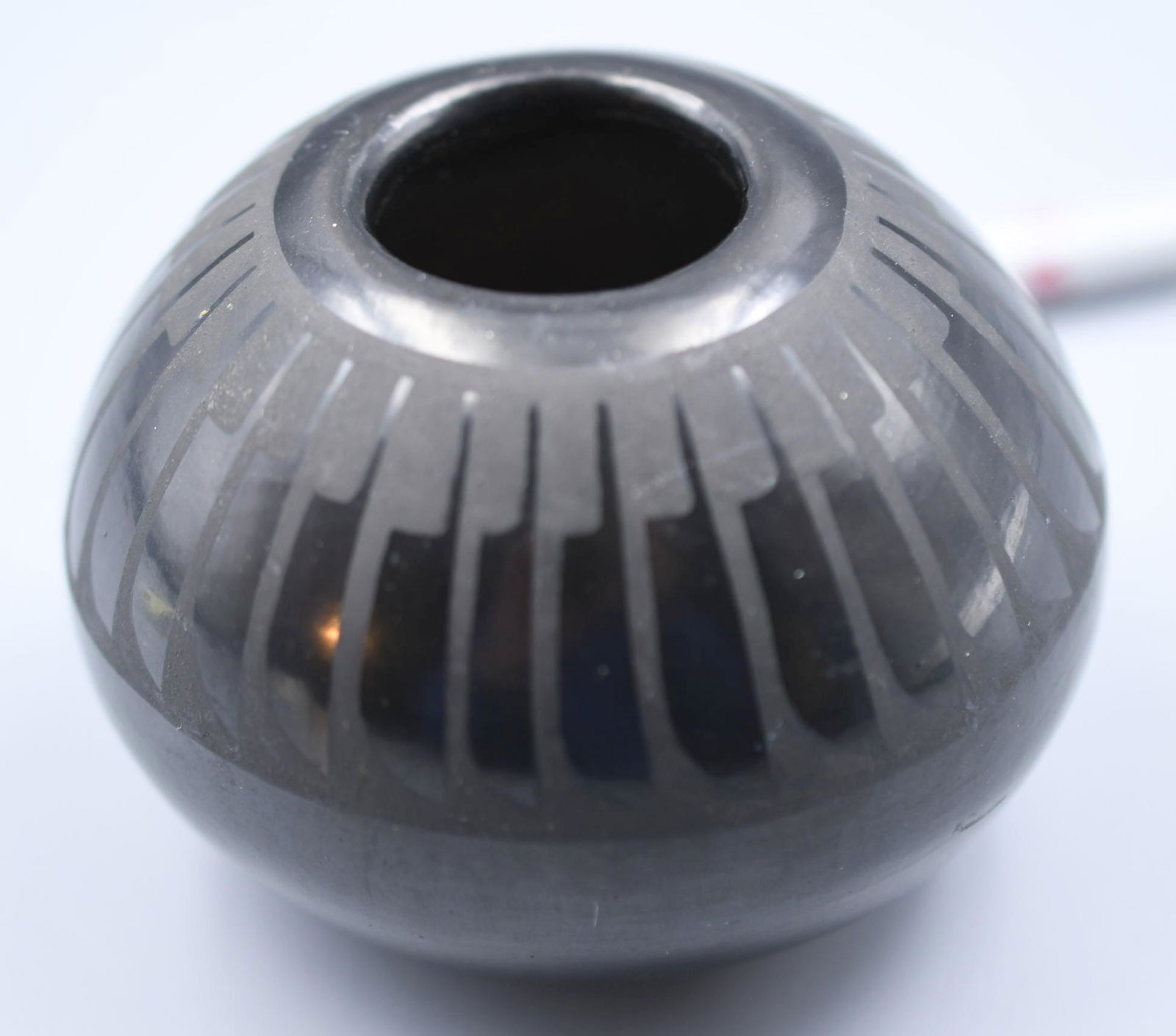 San Ildefonso, Black on Black Bowl, Feathers Motif, Katherine Gutierrez: 3 inches tall with 3-3/4 inch diameter