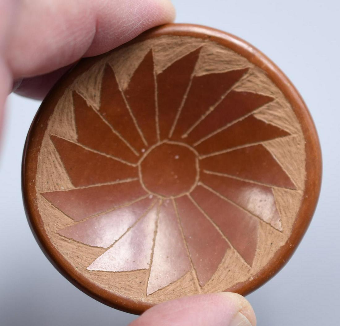 San Ildefonso Red Plate with Feathers, Rose Gonzalez: 1/2 inch tall with 2-3/8 inch diameter