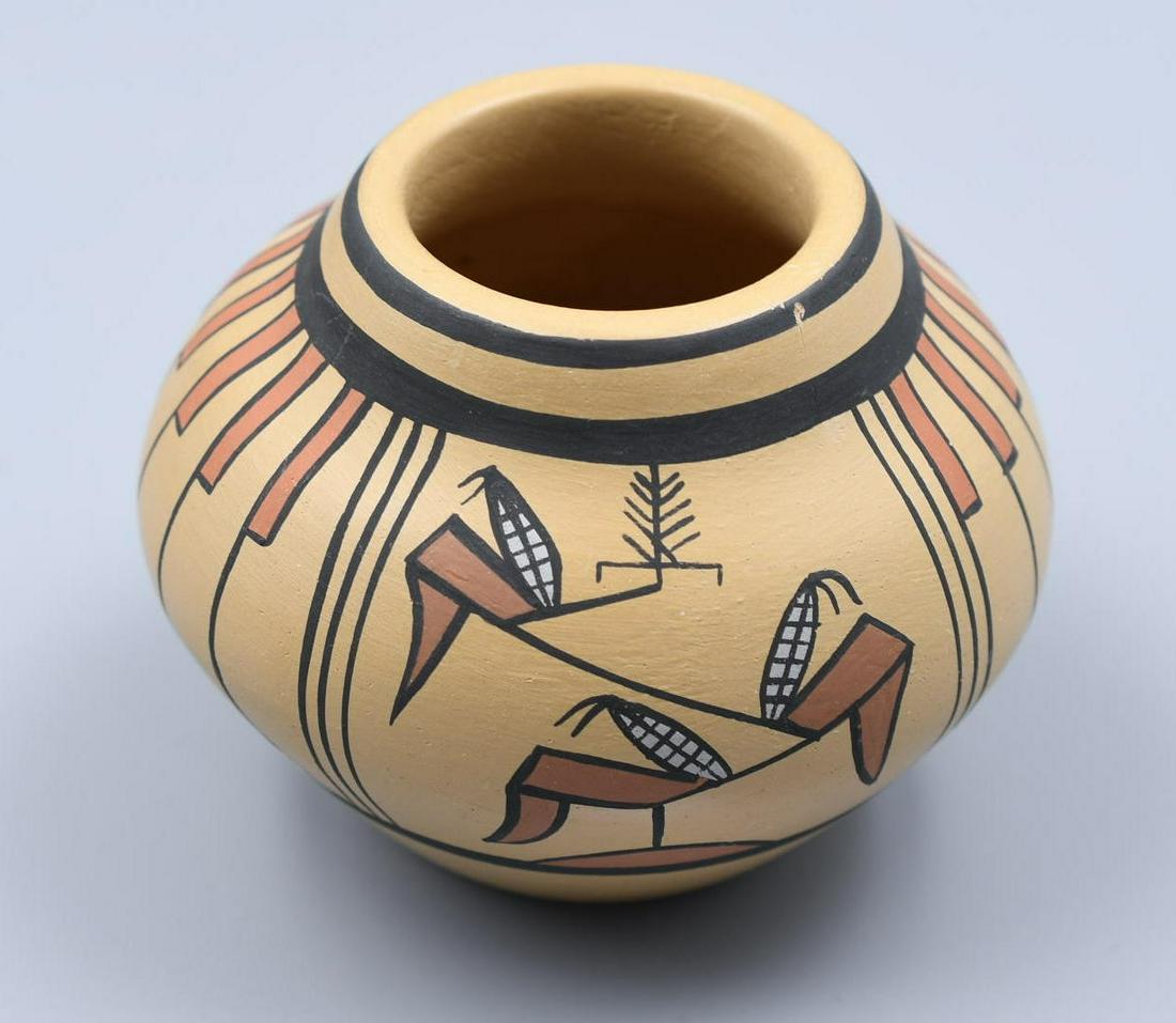 Pojoaque Polychrome Corn Bowl, Joe and Thelma Talachy: 2-3/4 inches tall with 3-1/4 inch diameter