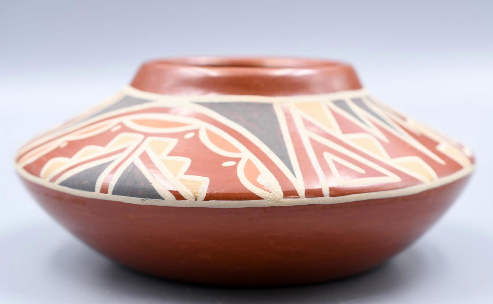 Santa Clara Pueblo, Jar, Polychrome Abstract Design on Red, Minnie Vigil (1 of 6)