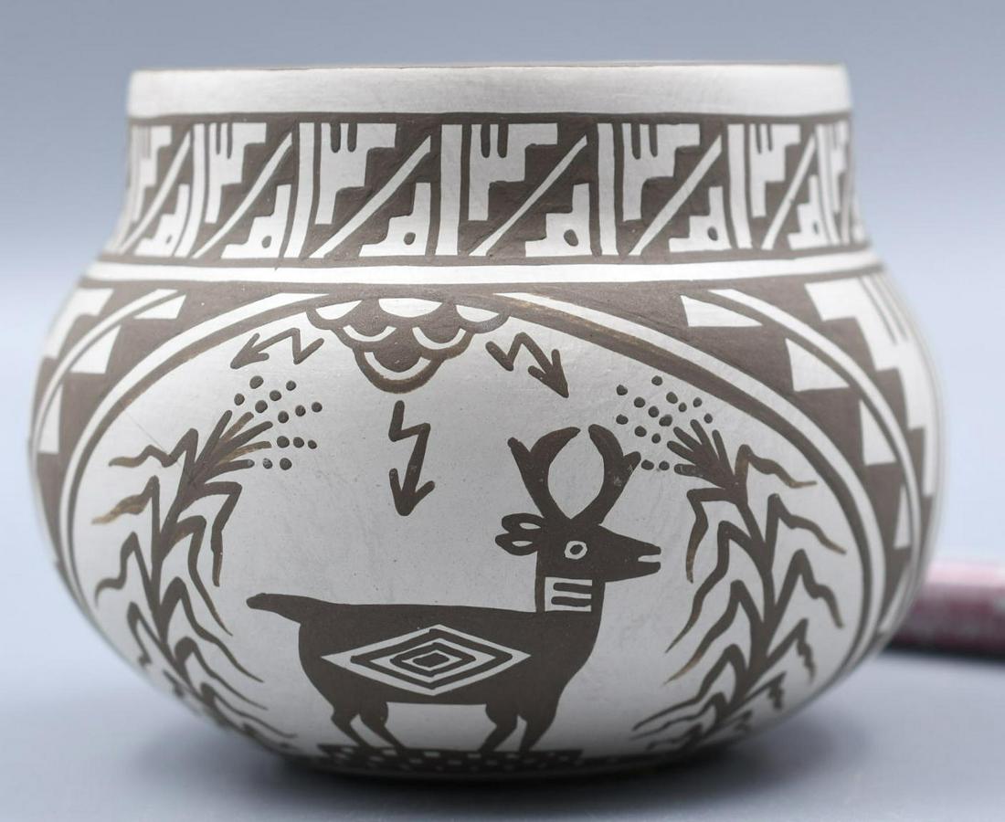 Sandia Tan and White Corn Meal Pot with Deer and Corn, John Montoya: 2-5/8 inches tall with 3-3/4 inch diameter