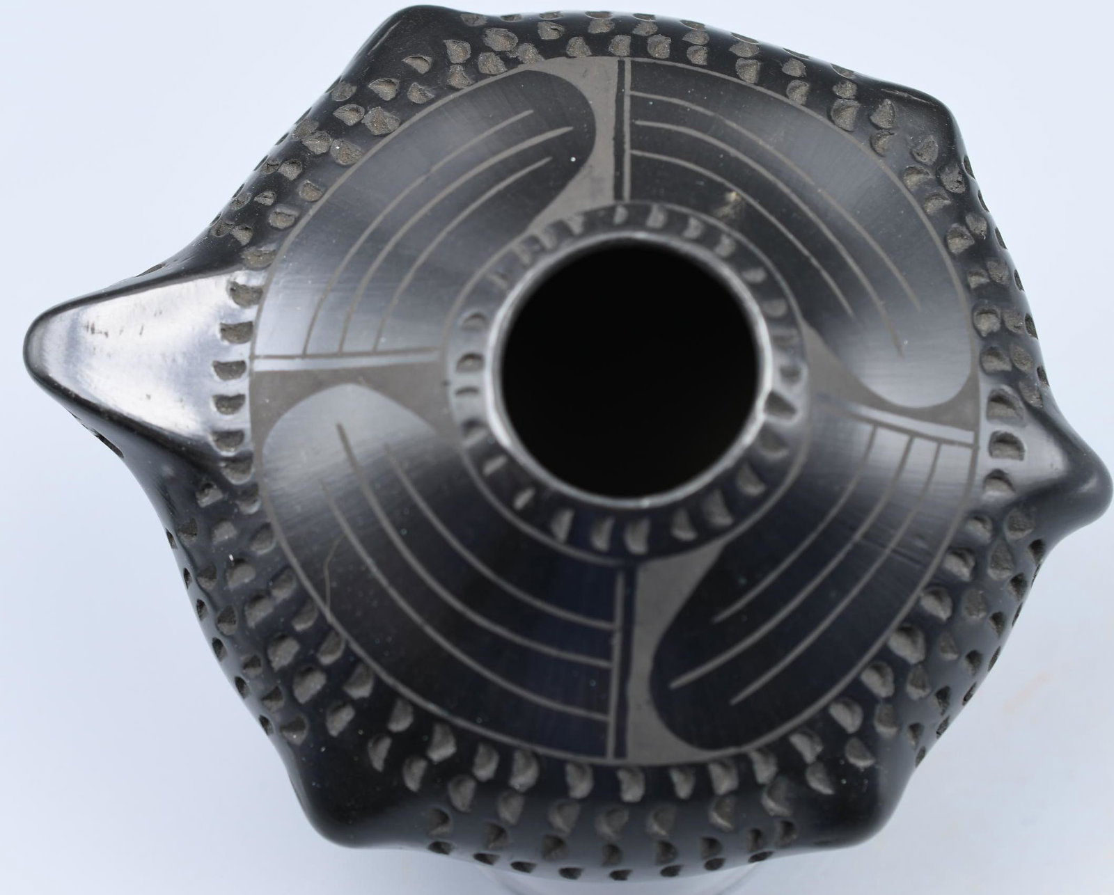 Exquisite Turtle shaped Seed pot, Black on Black with Relief, Paty Quezada: 5-1/4 inches x 3-1/4 inches tall by 4-1/4 inches, this is a very fine piece, thin and light weight it had to be difficult to make.