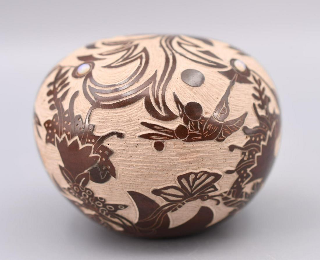 Santa Clara Pueblo, Brown Seedpot with Hummingbirds and Opals, Bernice Moquino (1 of 9)