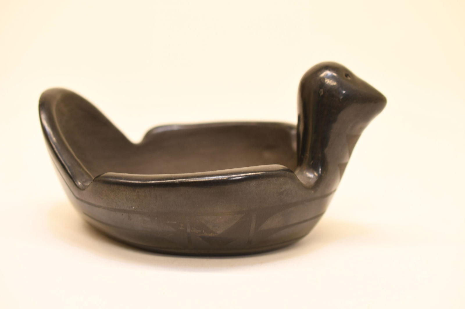 San Ildefonso, Bird Bowl, Black on Black, Linda Dunlop: 6-1/8 inches x 3 inches tall by 4 inches