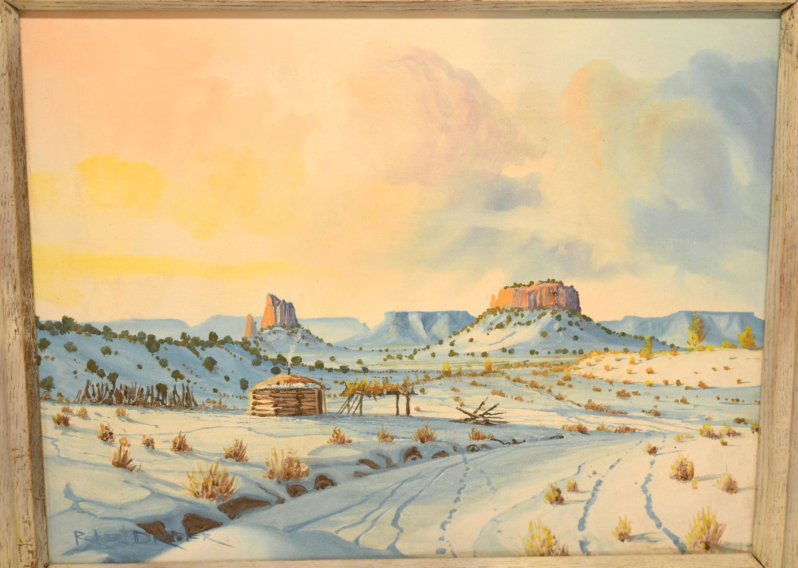 Painting on canvas: signed by the artist Robert Draper & titled Late Winter", measures 18" x 14", oak frame measures 20-1/4"x 18-1/4"