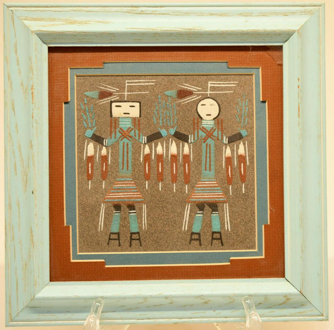 Navajo Sand Painting: 6"x 6" and famed in 10-1/8"x 10-1/8" oakframe signed Yei J. Benally