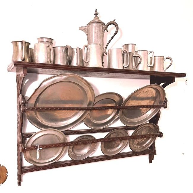 German Eagle Plate Rack: ( Rack Only) Pewter items will be later in the auction. German Oak wall hanging plate rack with an Eagle carved on the ends. READ OUR SHIPPING POLICY'S! This will be In person pick up or contact UPS s