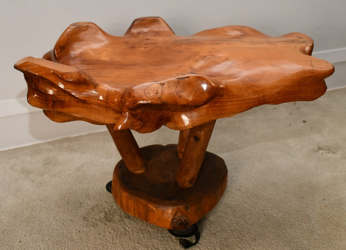 unique wood end table: Cypress? Currently on casters, very light weight, base is glued on, wheel base is glued on. READ OUR SHIPPING POLICY'S! This will be In person pick up or contact UPS store in Kenosha, or your own ship