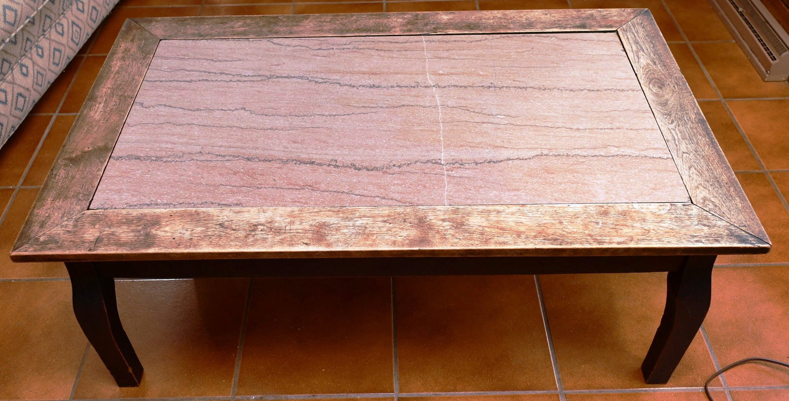 Red granite top coffee table: Hardwood with framed in red granite. READ OUR SHIPPING POLICY'S! This will be In person pick up or contact UPS store in Kenosha, or your own shipper, the UPS store phone number is in our policy's. Dim