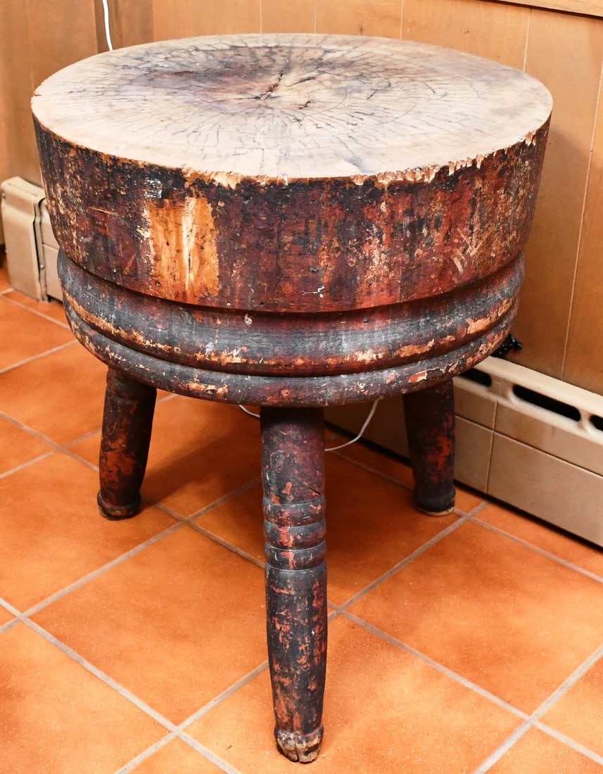 Antique Turned Log Butcher Block: Three legs. In its original condition with some old paint . READ OUR SHIPPING POLICY'S! This will be In person pick up or contact UPS store in Kenosha, or your own shipper, the UPS store phone number 