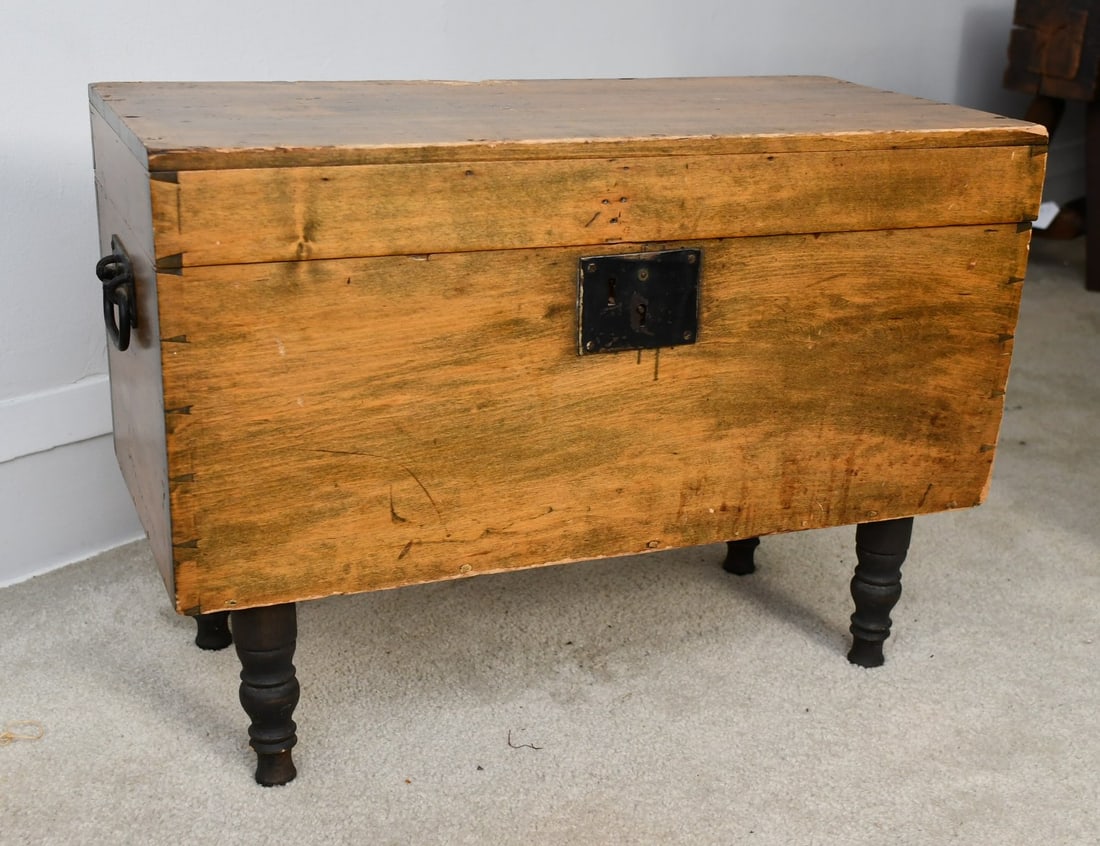 Antique Wooden chest: Poplar, Hand dove tailed, square nailed, iron handles. Legs added on. READ OUR SHIPPING POLICY'S! This will be In person pick up or contact UPS store in Kenosha, or your own shipper, the UPS store pho