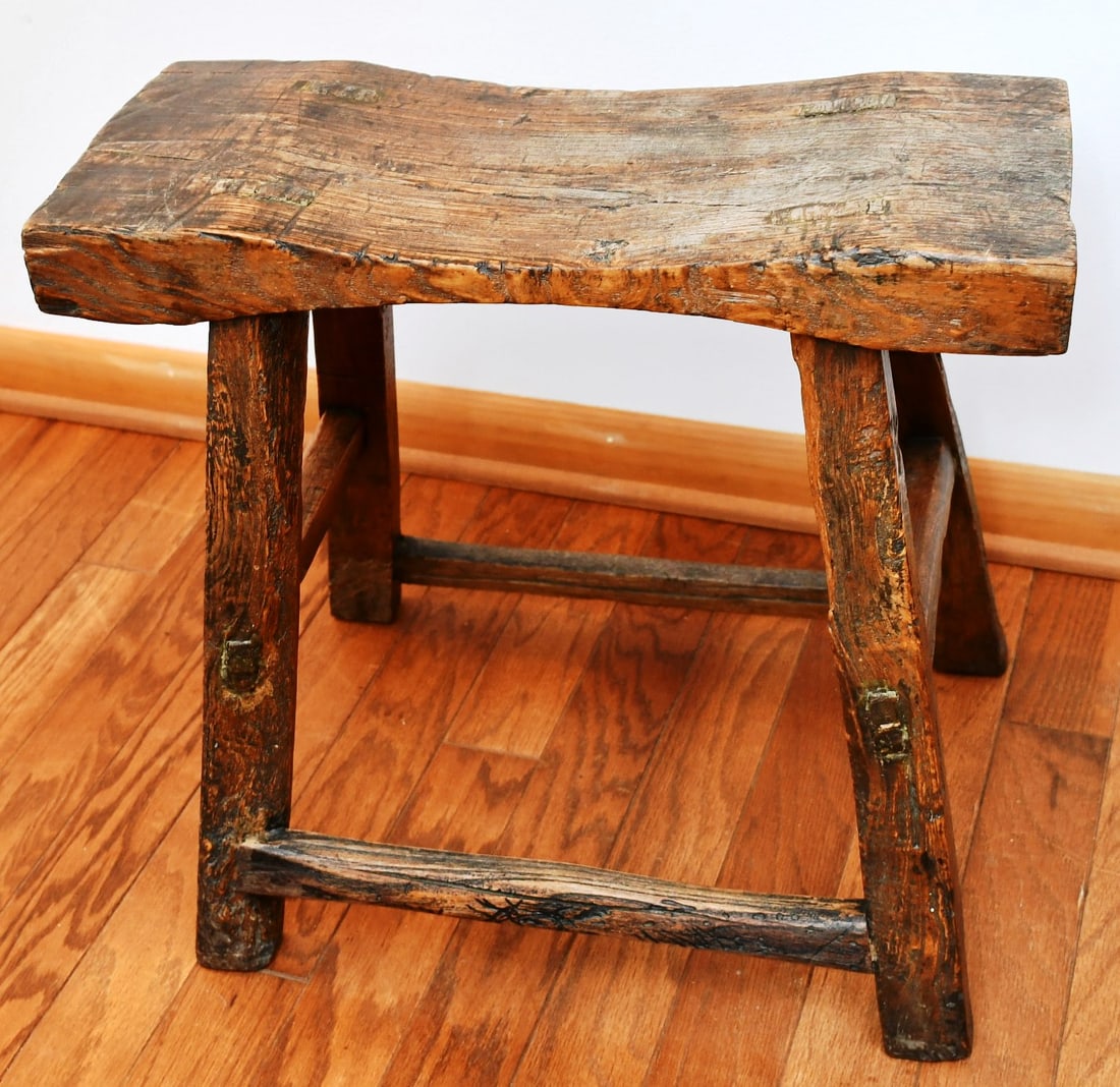 Vintage Saddle Bench: also see one listed later in the auction. Oak? Hickory? Mortised through on the top. Trussells are mortised. READ OUR SHIPPING POLICY'S! This will be In person pick up or contact UPS store in Kenosha,