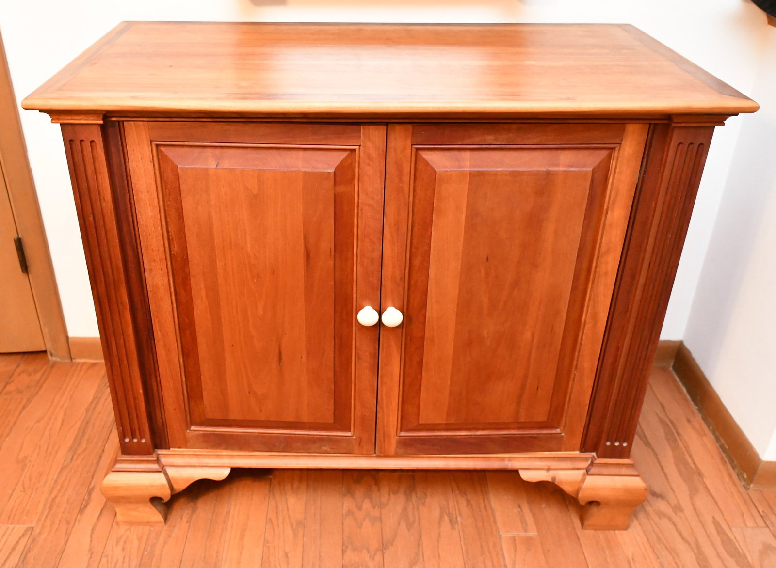 Custom Cherry Chest of Drawers: custom made cherry chest with aspen secondary wood, doors cover the drawers, note the drawers have the cheese box corners for strength. Top-41"x 21 1/2". Height-34 1/4". Widest at base-41 1/8" x 22 1/