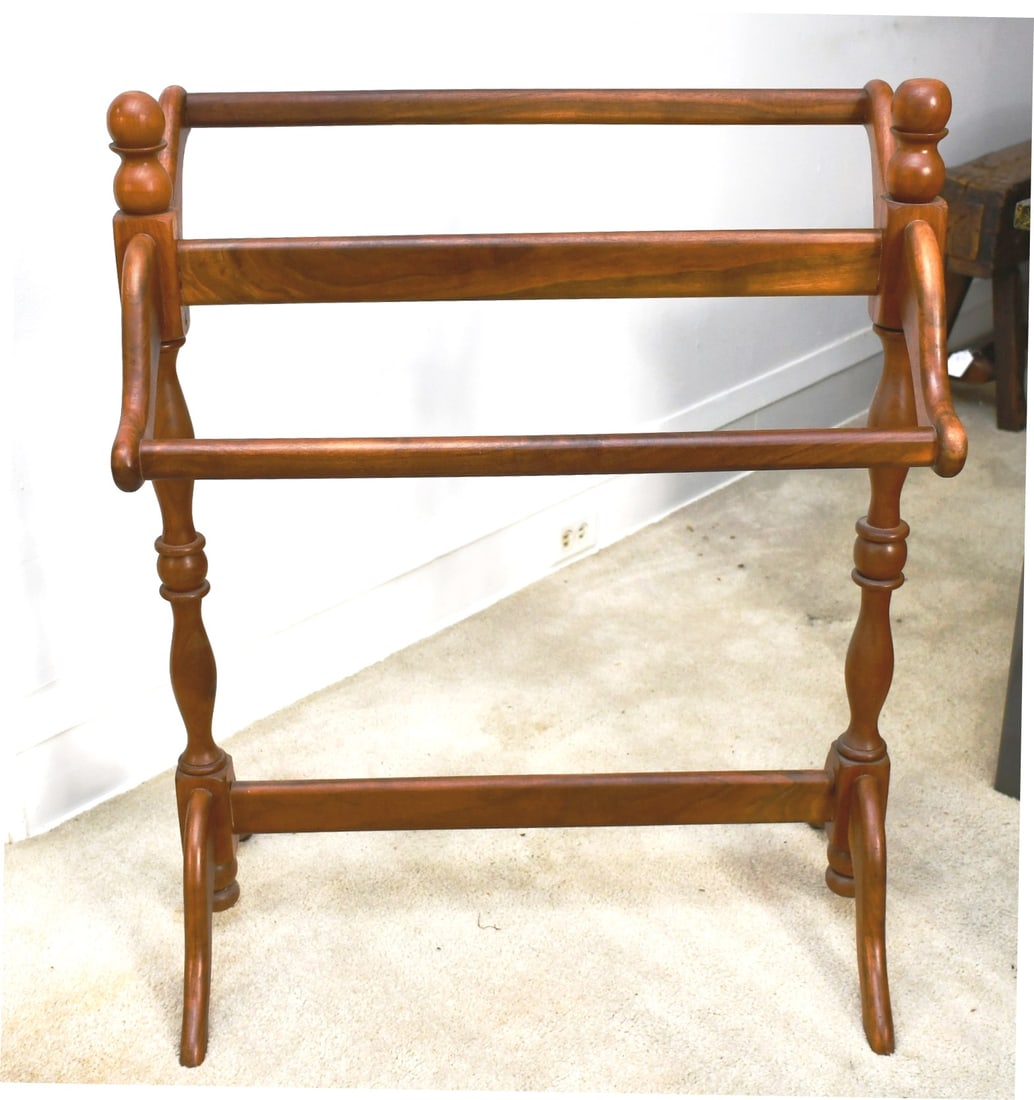 Quilt Rack: Walnut floor model quilt rack with 3 bars. READ OUR SHIPPING POLICY'S! This will be In person pick up or contact UPS store in Kenosha, or your own shipper, the UPS store phone number is in our policy'