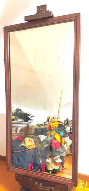 Vintage Wall Hanging Mirror: Mahogony, and has a wood panel back with mortised corners. READ OUR SHIPPING POLICY'S! This will be In person pick up or contact UPS store in Kenosha, or your own shipper, the UPS store phone number i