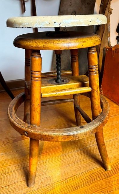 Adjustable Stool: Wood base with metal seat and wood foot rest. READ OUR SHIPPING POLICY'S! This will be In person pick up or contact UPS store in Kenosha, or your own shipper, the UPS store phone number is in our poli