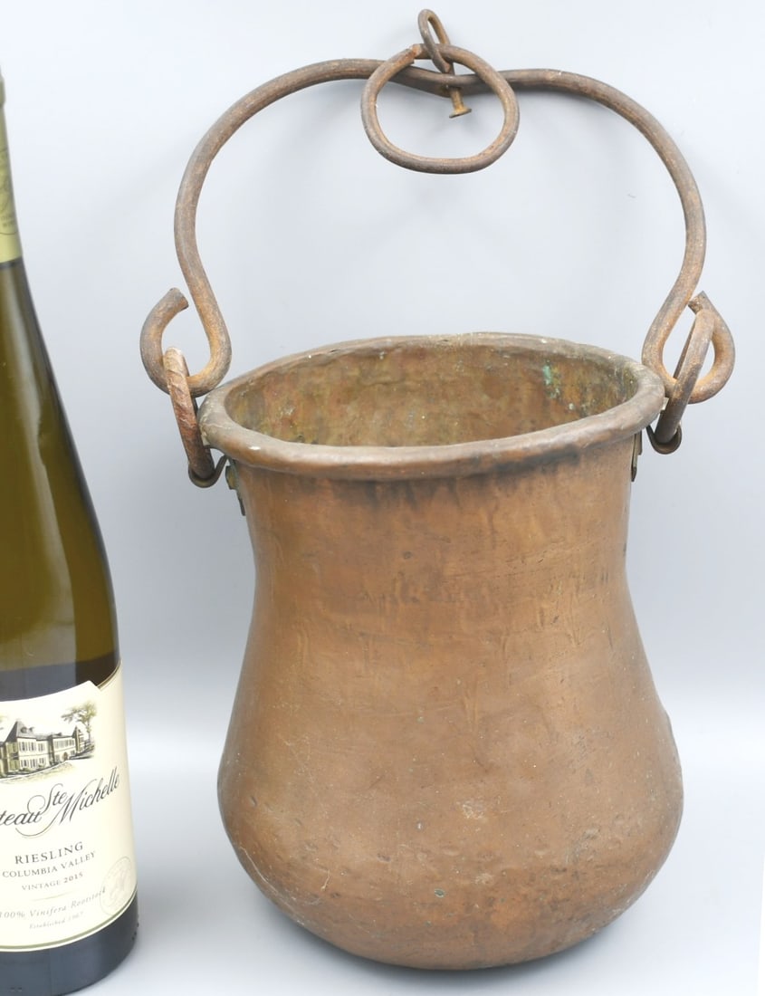 Vintage Copper Pail: Hand hammered copper pail with forged handle and hanging ring. Pail dia.-6". Pail height-8 3/4". Weight- 3lbs 2oz. (NOTE-Weight and dimensions are before packaging)