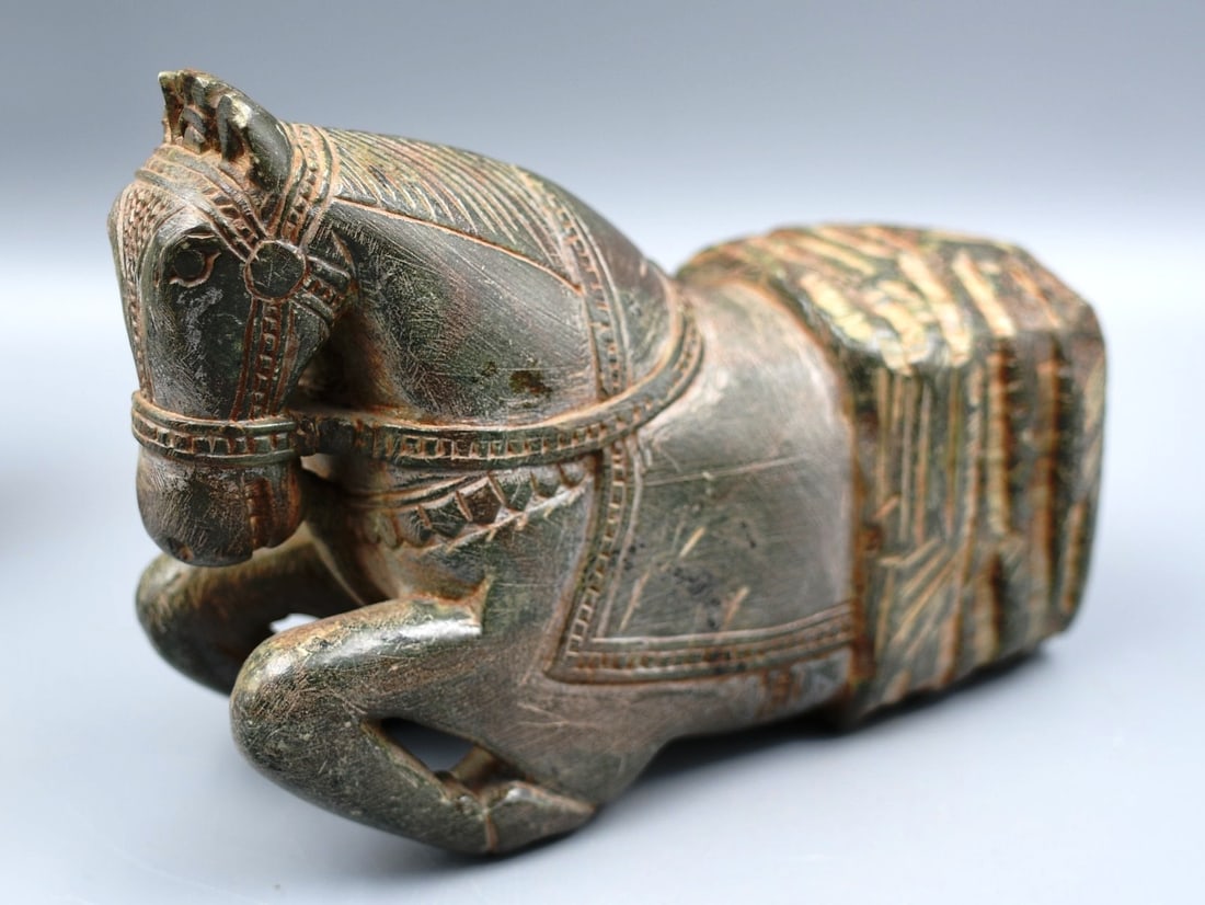 Stone Horse Carving: Soap stone horse carving unsure on age but appears to be an early piece. (NOTE-Weight and dimensions are before packaging) approx. dimensions- 6 -1/2"L x 2 "1/2"W. overall height-5". Weight- 4lbs 4oz.