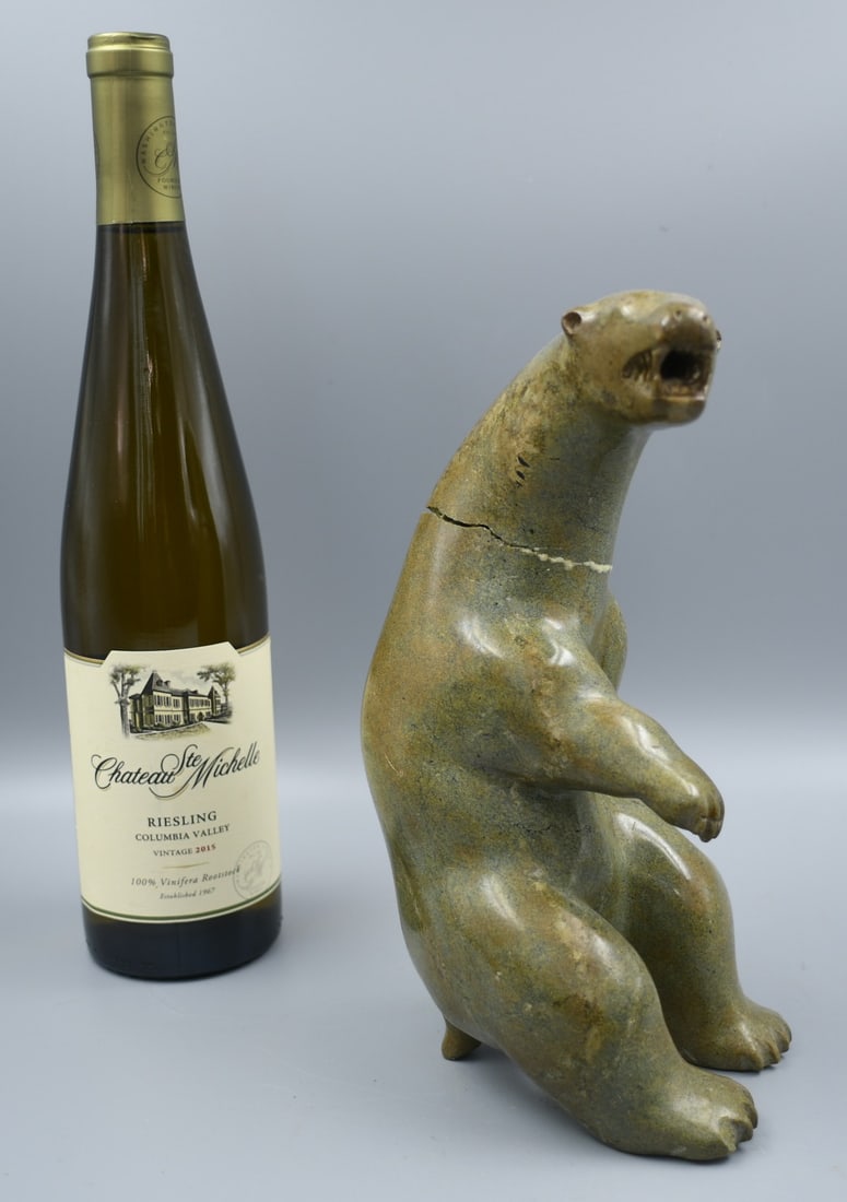 Stone Polar Bear Carving: Green stone polar bear carving. (NOTE-Weight and dimensions are before packaging) total height-10". Width-4". Weight- 5lbs 3oz.