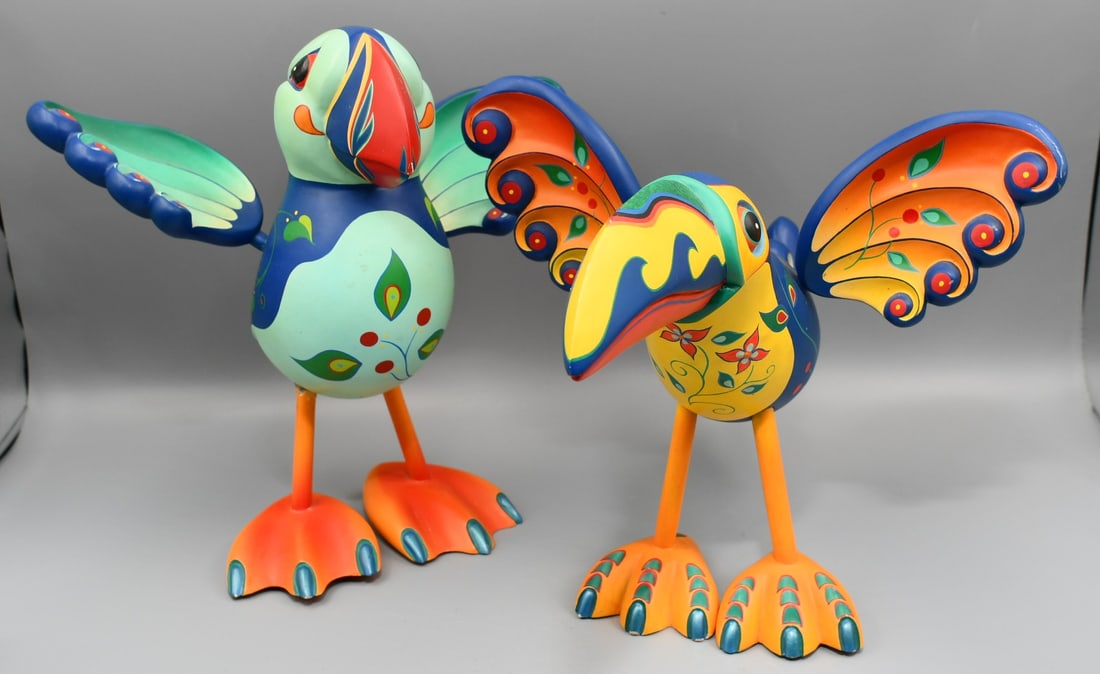 Bolivia Folk Art birds: 2 fun contemporary wood carved and painted tropical birds signed K Mejia. Legs, wings, and tail feathers are wood doweled into the body. Made in Bolivia. (NOTE-Weight and dimensions are before packagi