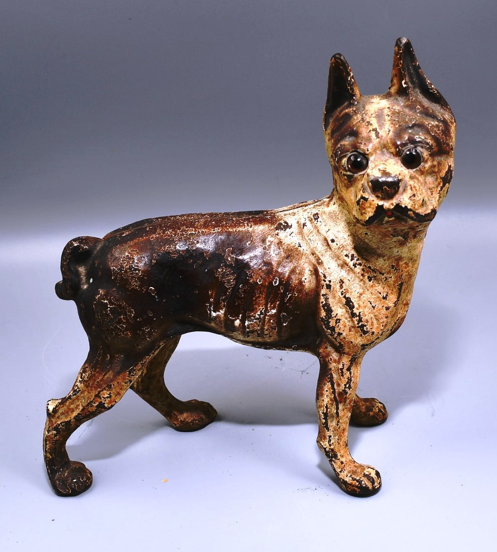 Door Stop Boston Terrier: Original Vintage Cast iron Boston Terrier Dog door stop with glass eyes. (NOTE-Weight and dimensions are before packaging) Overall Height-10". Overall Length-9 1/2". Width-3". Weight- 5lbs 9oz.