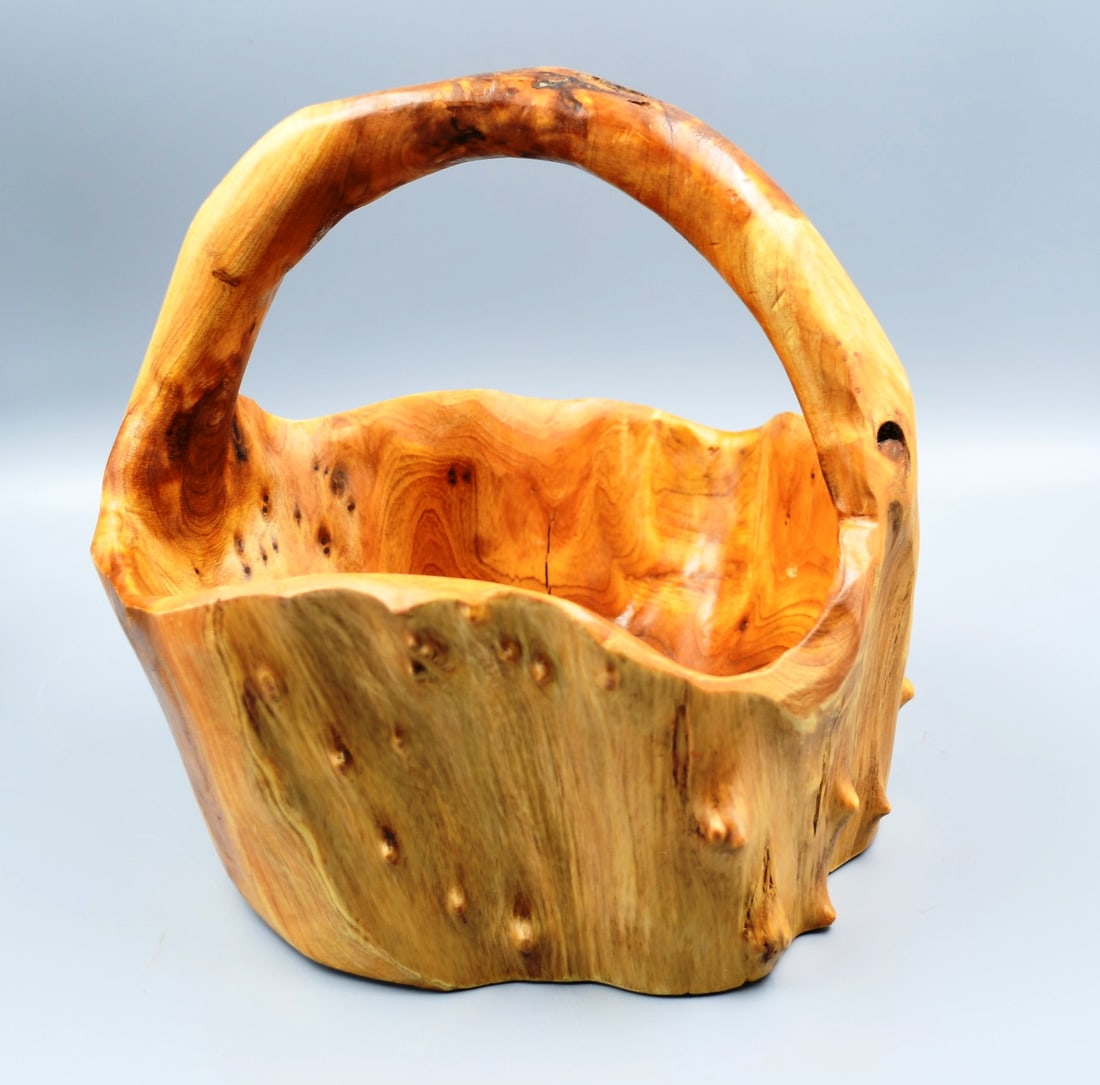 Cypress Wood Basket: Unique Cypress wood basket. (NOTE-Weight and dimensions are before packaging) dimensions-basket dia.- 9". Handle height-9- 1/2". Base dia.- 8". Weight- 1lb. 9oz. (NOTE-Weight and dimensions are before