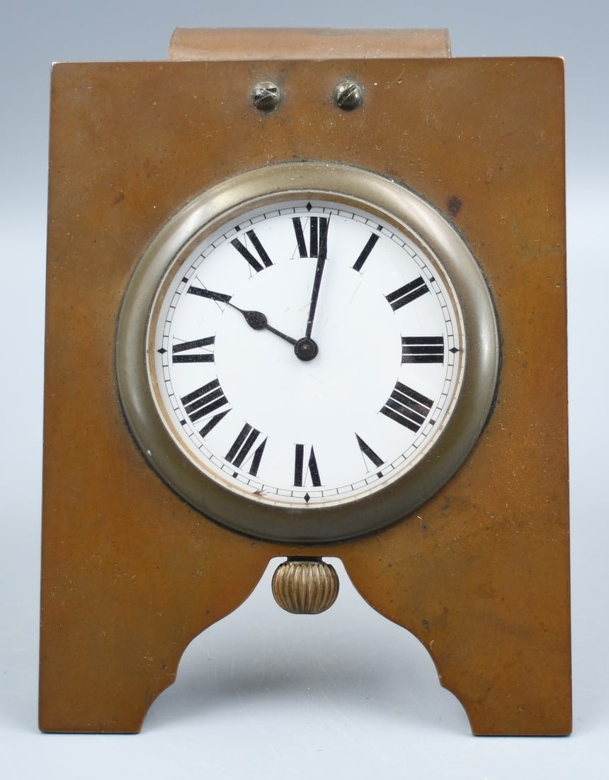 Copper Desk Clock: Unusual pocket watch type Vintage Copper Desk Clock, works. (NOTE-Weight and dimensions are before packaging) Clock Dia.-2 3/4". Height-4 1/2". Width-3 3/4". Stand span-3 3/4". Weight-14oz.