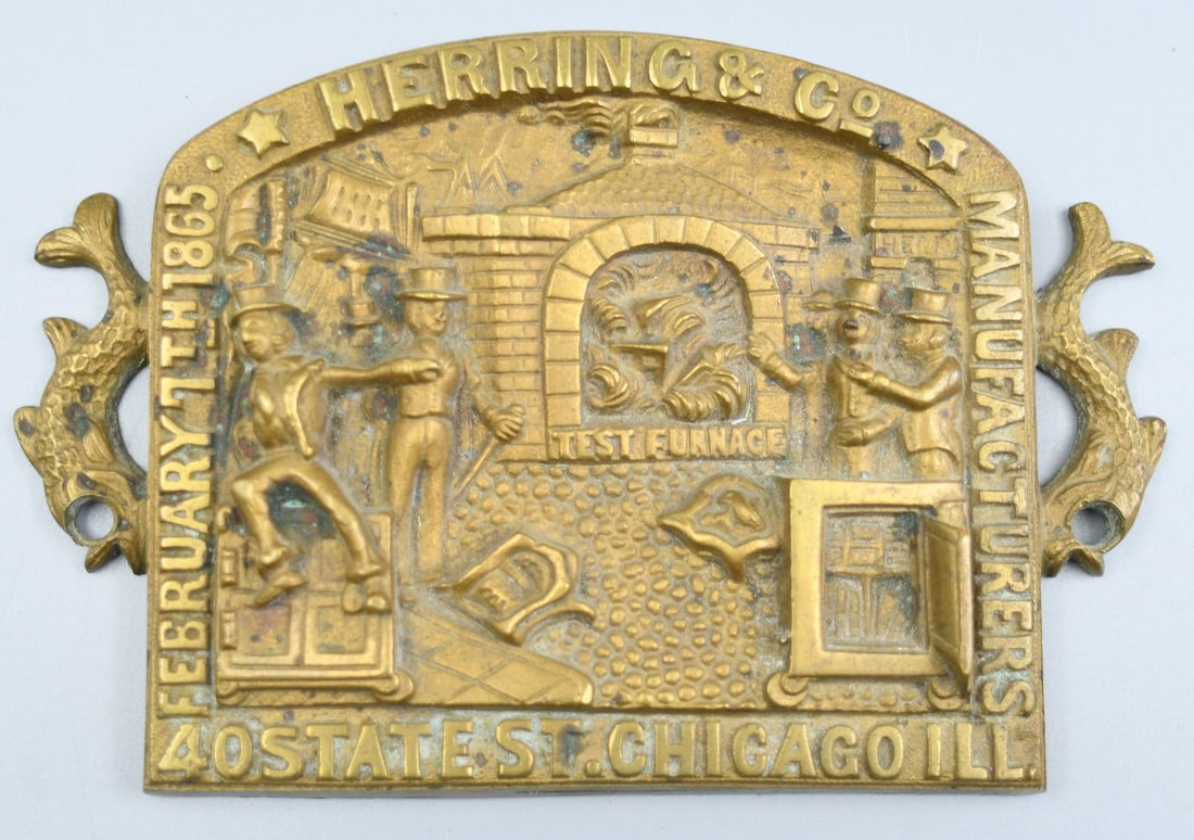 Antique Safe Name Plate: Antique Herring & Co solid brass Safe Plate. Made in 1865. (NOTE-Weight and dimensions are before packaging) dimensions- 4 1/4"x 6 1/2". Weight- 1lb 4oz.
