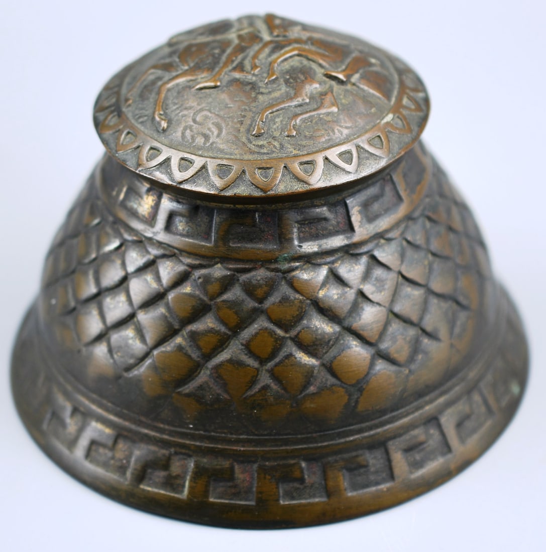 Ink Well: Antique Marshall Fields Bronze Equestrian Inkwell without the ink insert. (NOTE-Weight and dimensions are before packaging) Base Dia-5 5/8". Height-approx. 4". Weight- 2lbs 5oz.