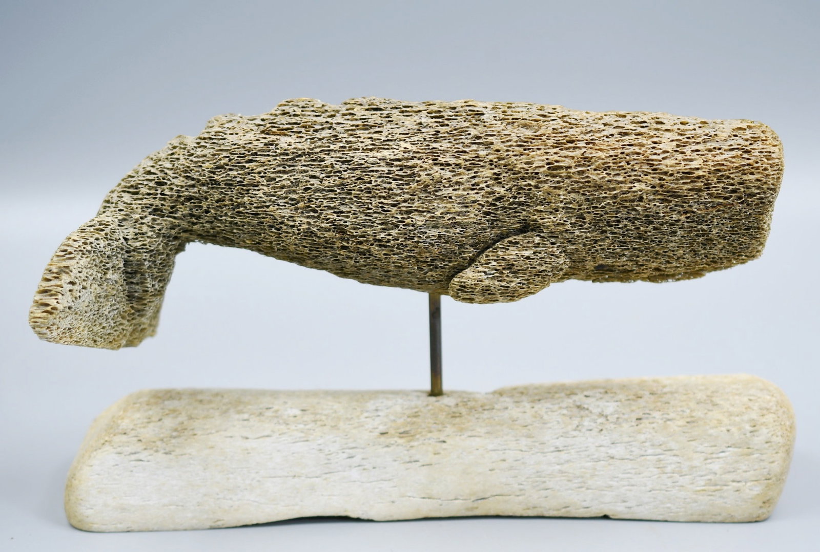 Inuit whale sculpture: Beached Whale Bone Sculpture with Whale Bone stand. Whale dimensions-8 1/2"x 1 5/8" x 2 1/2". Platform dimenstions-9"x 1 1/2" x 2 1/2". Total weight- 12.6oz. (NOTE-Weight and dimensions are before pac