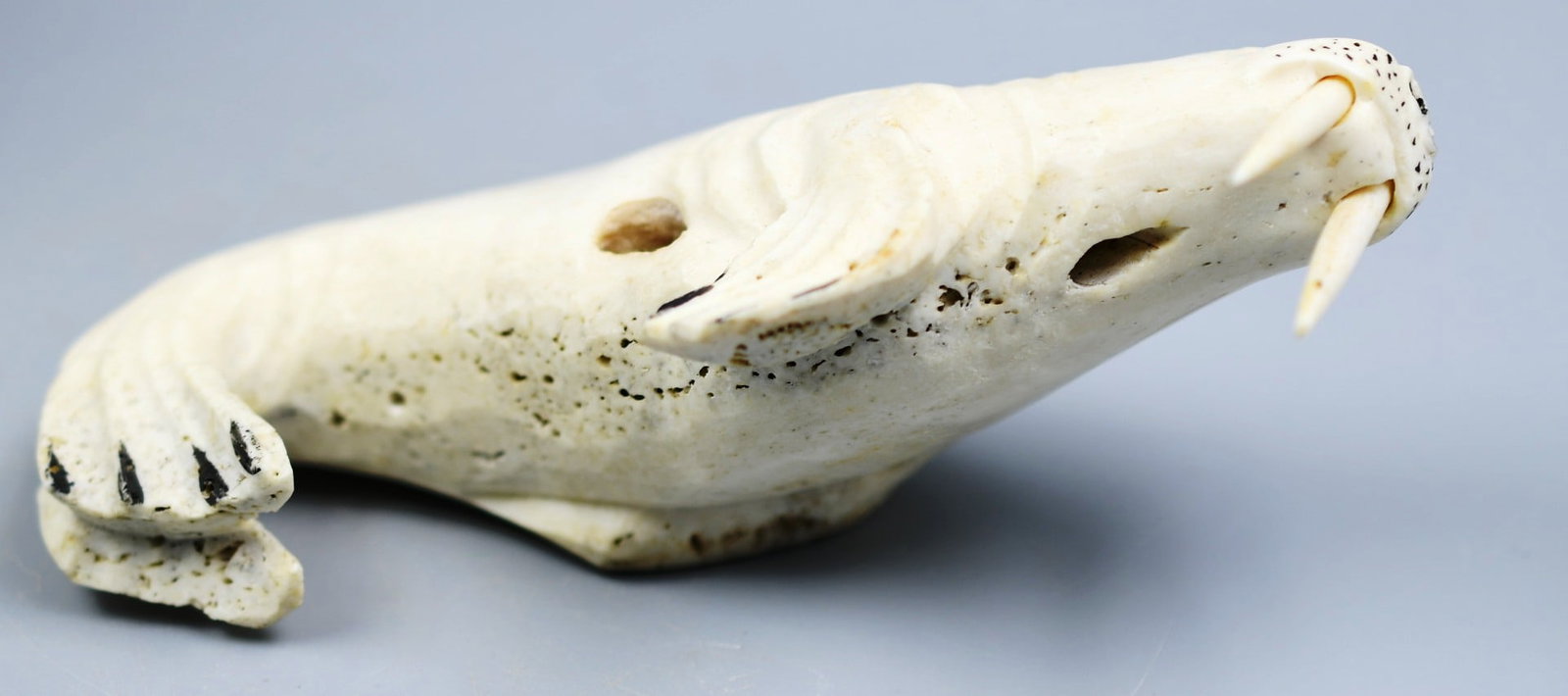 Inuit Bone Carving: Inuit bone carving of a Walrus . (NOTE-Weight and dimensions are before packaging) Dimensions- 5 1/4"L. 2 1/4"H. 2 1/4"W. Weight- 6.8oz.