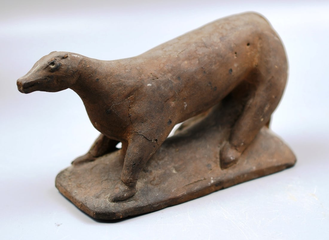 Terracotta Animal?: We aren't sure of it origin, but looks to have considerable age. Dr Herz traveled the world and his health makes him unable to recall the origin of his collections. 6-1/8" nose to tail x 3" at highest