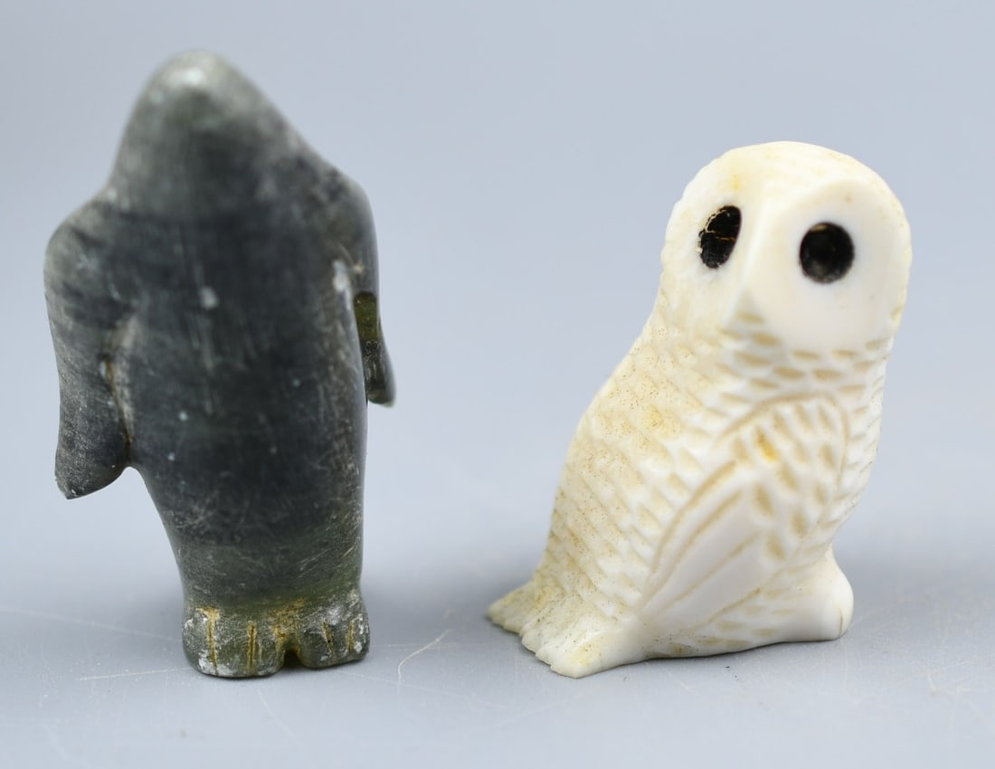 Small Inuit Carvings: penguin carved from stone signed on bottom see photo. Owl carved from bone, Penguin is 1-15/16" tall x 1" x 7/8". Owl is 1-7/16" tall x 1-1/8". Combined weight is 1.8oz.